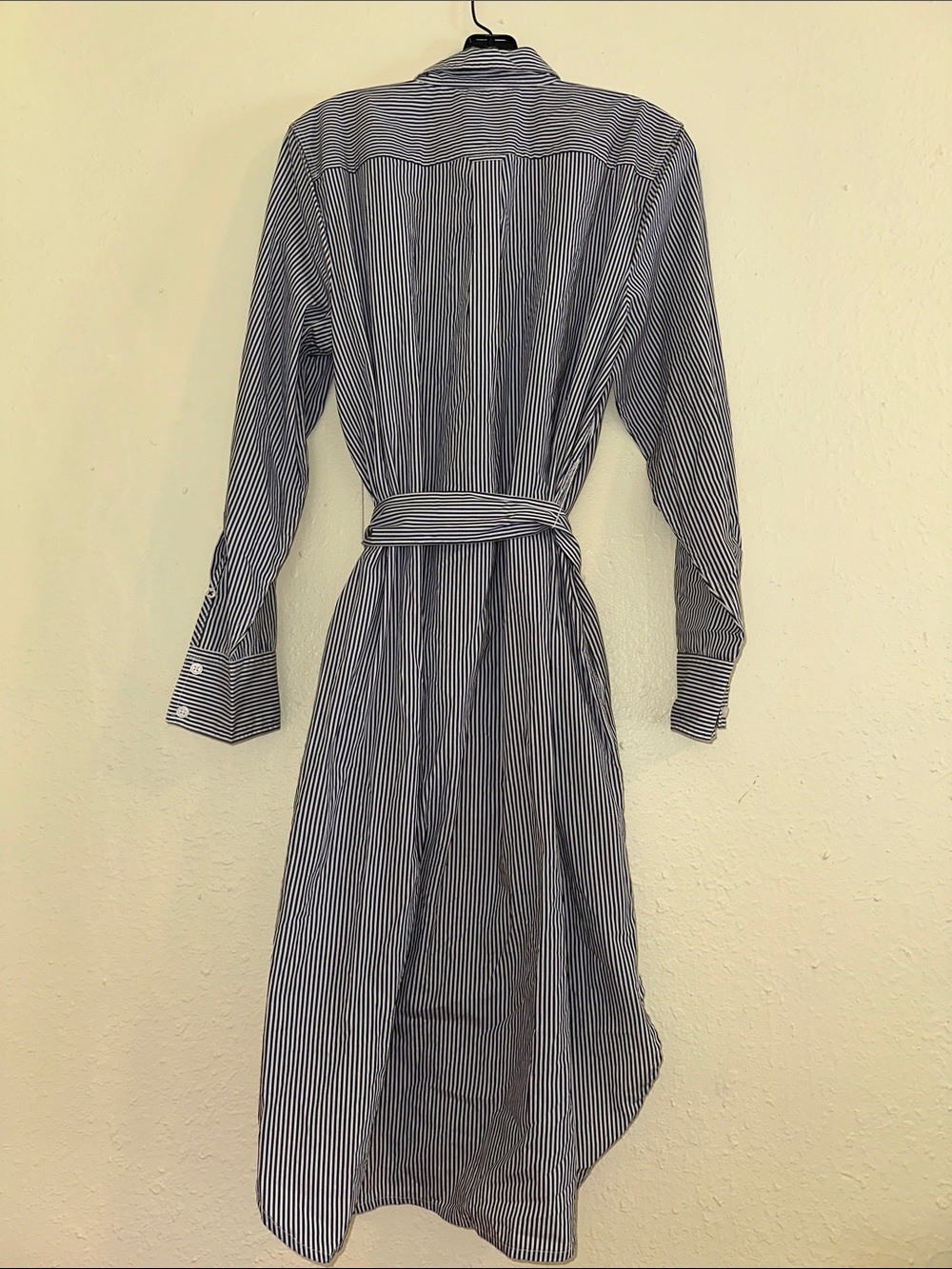 J. Crew Navy and White Striped Long-Sleeve Shirt Dress with Self-Tie Waist EUC - Picture 8 of 8